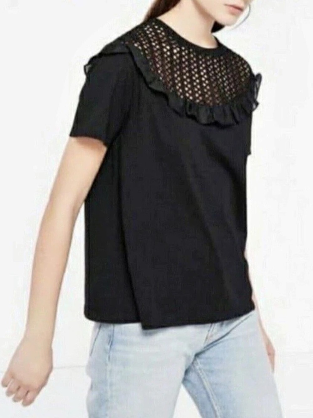 Sandro Black Crochet Yoke Ruffle Trim Top Size 3